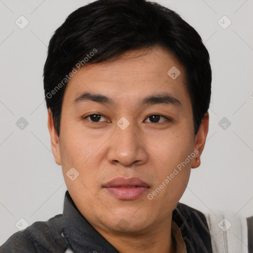 Neutral asian young-adult male with short  black hair and brown eyes