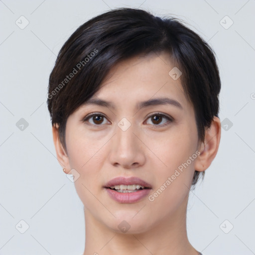 Joyful white young-adult female with medium  brown hair and brown eyes