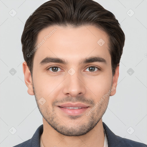 Joyful white young-adult male with short  brown hair and brown eyes