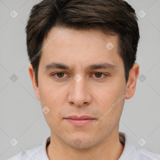 Neutral white young-adult male with short  brown hair and brown eyes