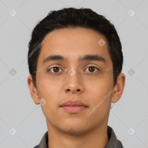 Neutral latino young-adult male with short  black hair and brown eyes