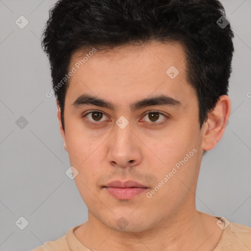 Neutral latino young-adult male with short  brown hair and brown eyes