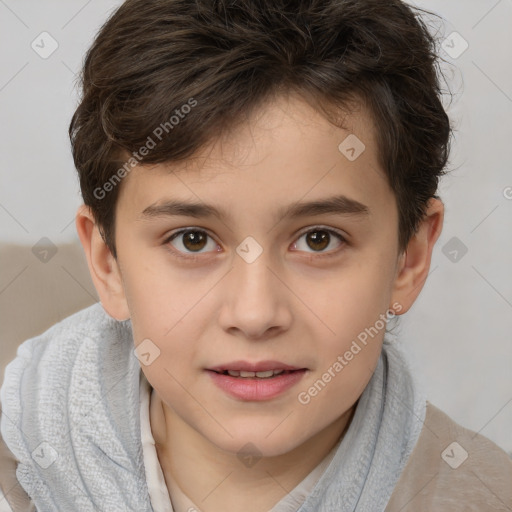 Joyful white child female with short  brown hair and brown eyes