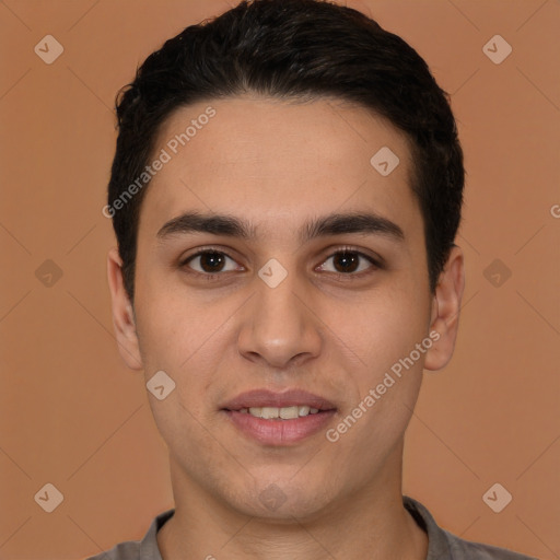 Joyful white young-adult male with short  brown hair and brown eyes