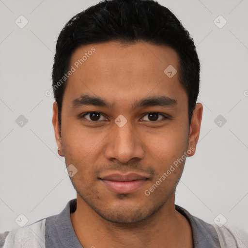 Neutral latino young-adult male with short  black hair and brown eyes