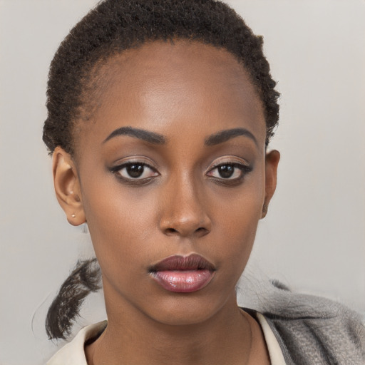 Neutral black young-adult female with short  brown hair and brown eyes