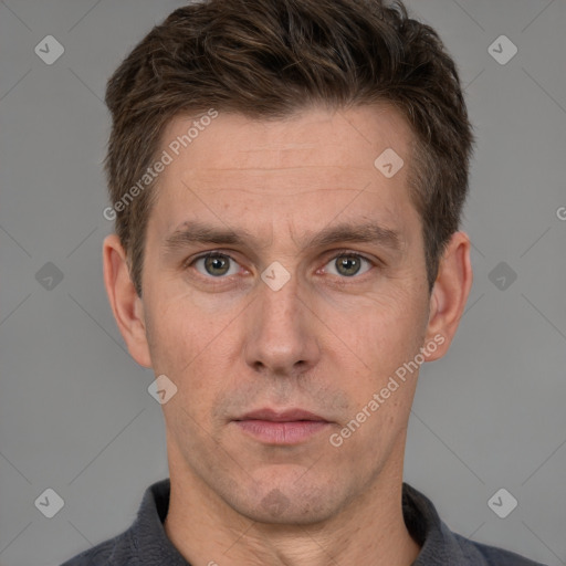 Neutral white adult male with short  brown hair and brown eyes