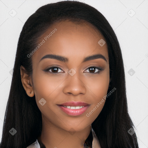 Joyful latino young-adult female with long  black hair and brown eyes