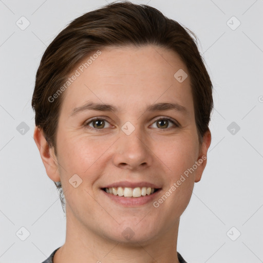 Joyful white young-adult female with short  brown hair and grey eyes