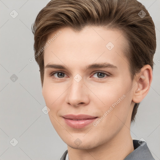 Joyful white young-adult female with short  brown hair and grey eyes