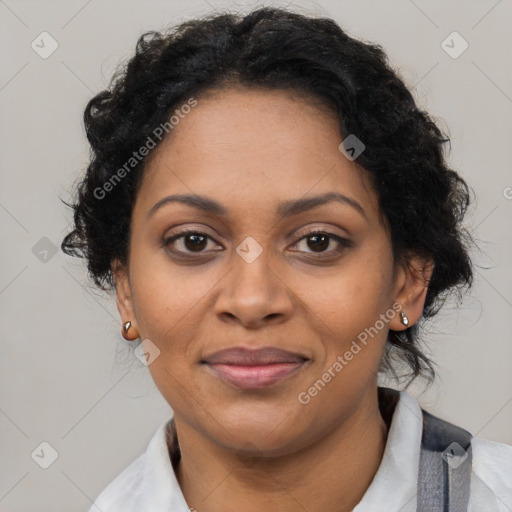 Joyful black young-adult female with medium  brown hair and brown eyes