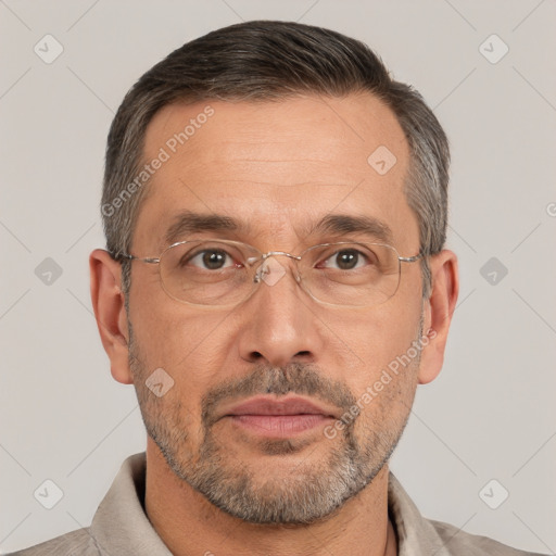 Neutral white adult male with short  brown hair and brown eyes