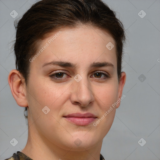 Joyful white young-adult female with short  brown hair and grey eyes