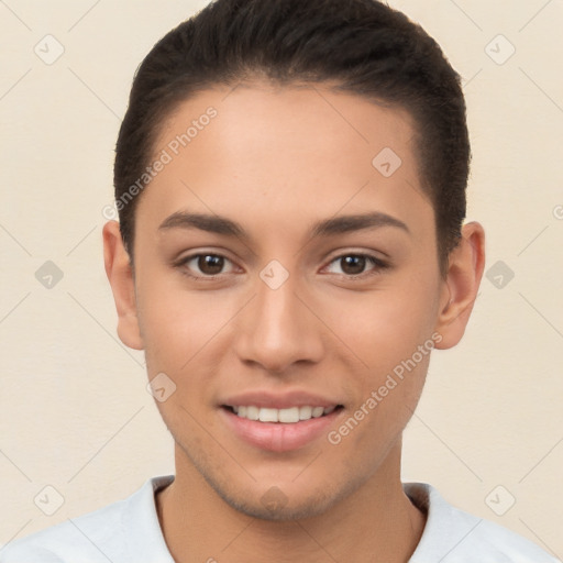 Joyful white young-adult female with short  brown hair and brown eyes