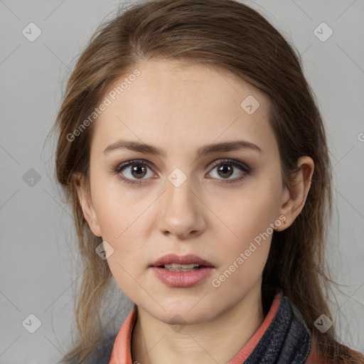 Neutral white young-adult female with medium  brown hair and brown eyes