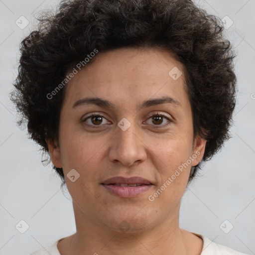 Joyful white adult female with short  brown hair and brown eyes