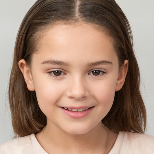 Joyful white child female with medium  brown hair and brown eyes