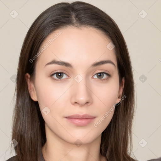 Neutral white young-adult female with long  brown hair and brown eyes