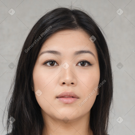 Neutral asian young-adult female with long  black hair and brown eyes