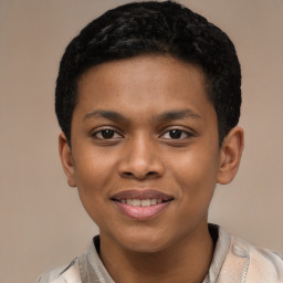 Joyful latino young-adult male with short  brown hair and brown eyes