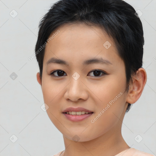 Joyful asian young-adult female with short  brown hair and brown eyes