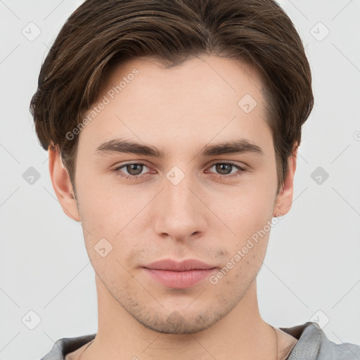 Neutral white young-adult male with short  brown hair and brown eyes