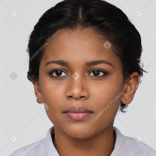 Neutral black young-adult female with short  black hair and brown eyes