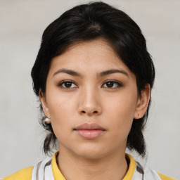 Neutral asian young-adult female with medium  black hair and brown eyes