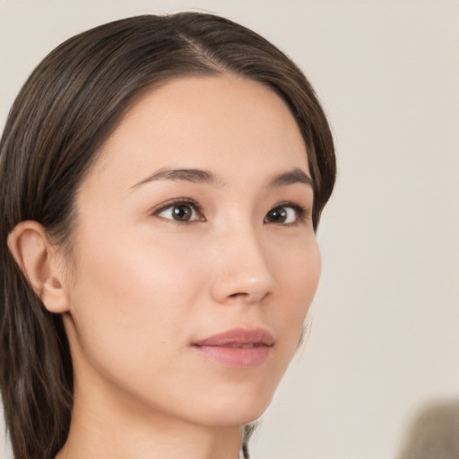 Neutral white young-adult female with medium  brown hair and brown eyes