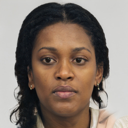 Neutral black young-adult female with long  brown hair and brown eyes