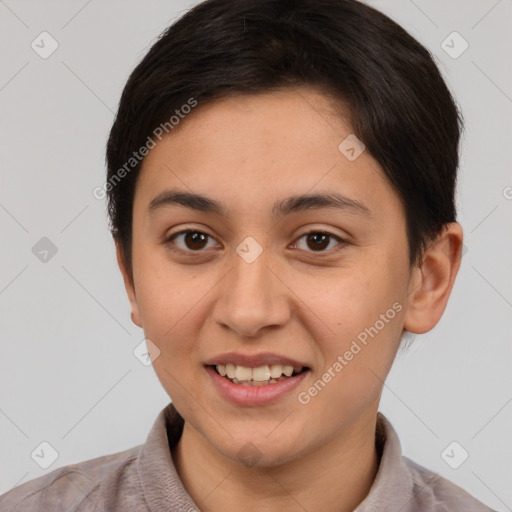 Joyful white young-adult female with short  brown hair and brown eyes