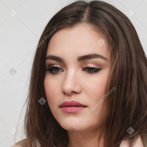 Neutral white young-adult female with long  brown hair and brown eyes