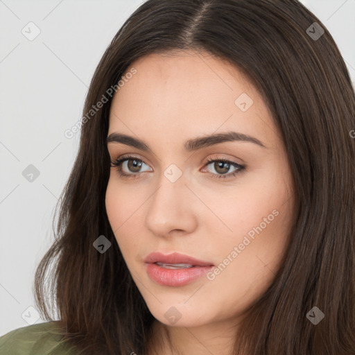 Neutral white young-adult female with long  brown hair and brown eyes