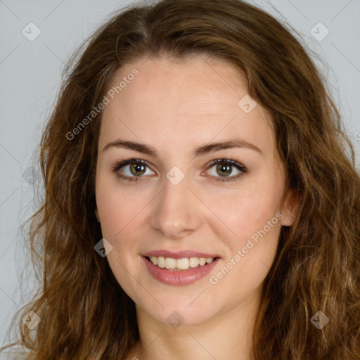 Joyful white young-adult female with long  brown hair and green eyes