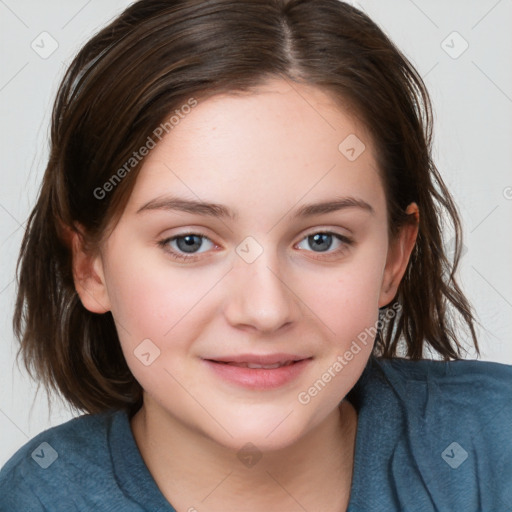 Joyful white child female with medium  brown hair and brown eyes