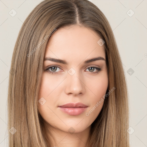 Neutral white young-adult female with long  brown hair and brown eyes