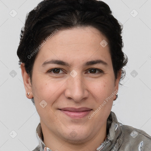 Joyful white adult female with short  brown hair and brown eyes