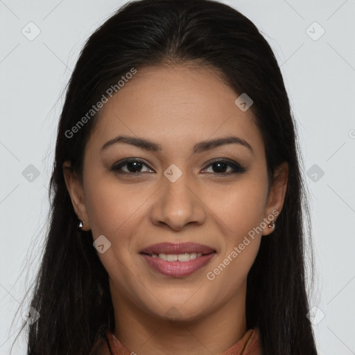 Joyful latino young-adult female with long  brown hair and brown eyes