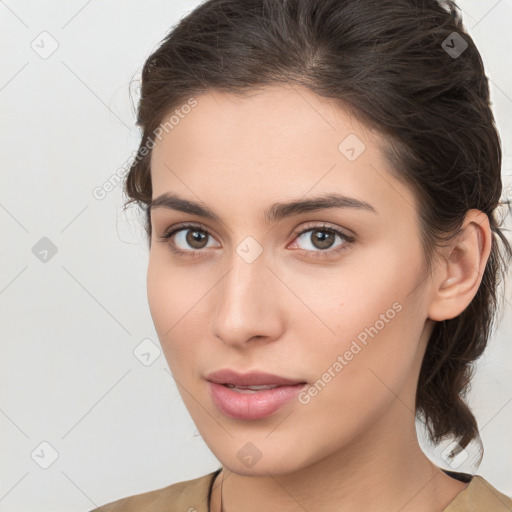 Neutral white young-adult female with medium  brown hair and brown eyes