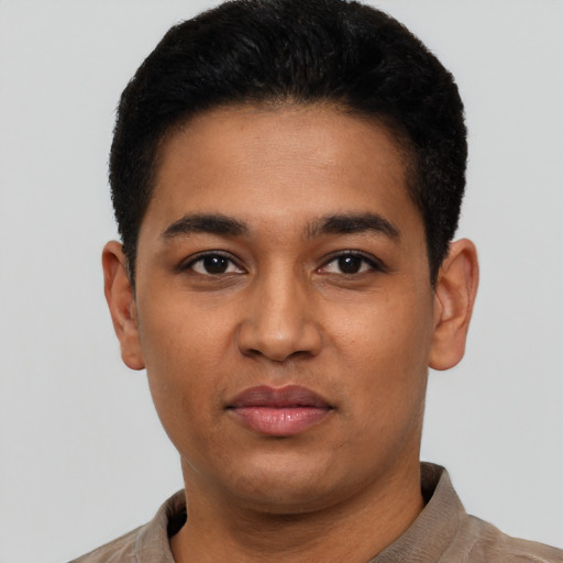 Neutral latino young-adult male with short  black hair and brown eyes