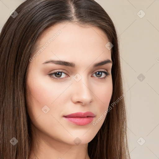 Neutral white young-adult female with long  brown hair and brown eyes