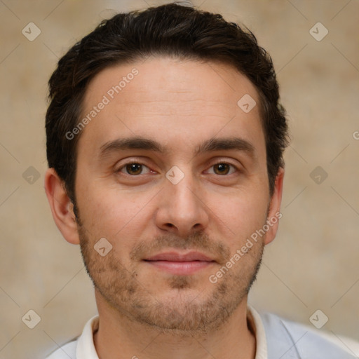 Neutral white young-adult male with short  brown hair and brown eyes