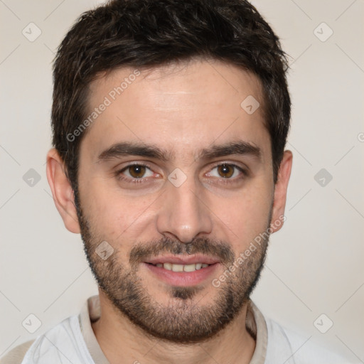 Joyful white young-adult male with short  black hair and brown eyes