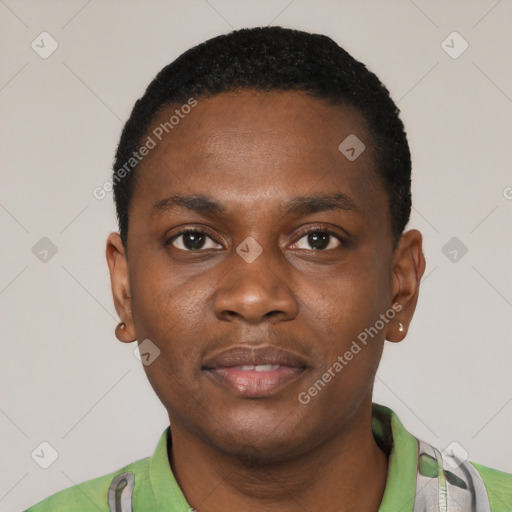 Neutral black young-adult male with short  black hair and brown eyes