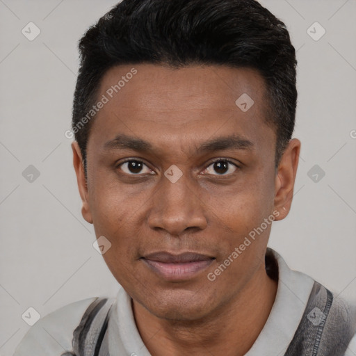 Joyful black young-adult male with short  black hair and brown eyes