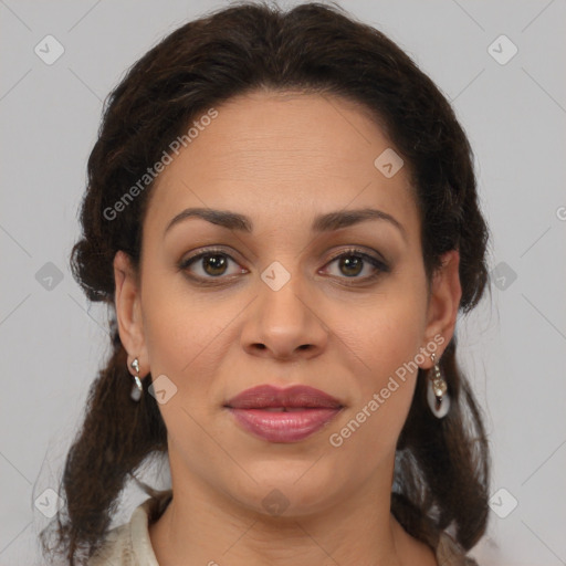 Joyful latino young-adult female with medium  brown hair and brown eyes