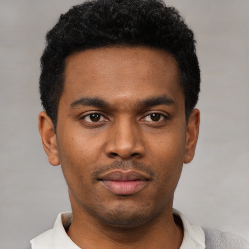 Neutral black young-adult male with short  black hair and brown eyes