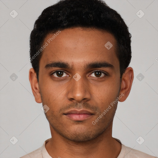 Neutral latino young-adult male with short  black hair and brown eyes