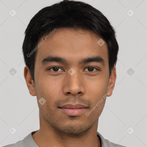 Neutral asian young-adult male with short  black hair and brown eyes