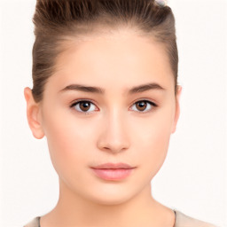 Neutral white young-adult female with short  brown hair and brown eyes